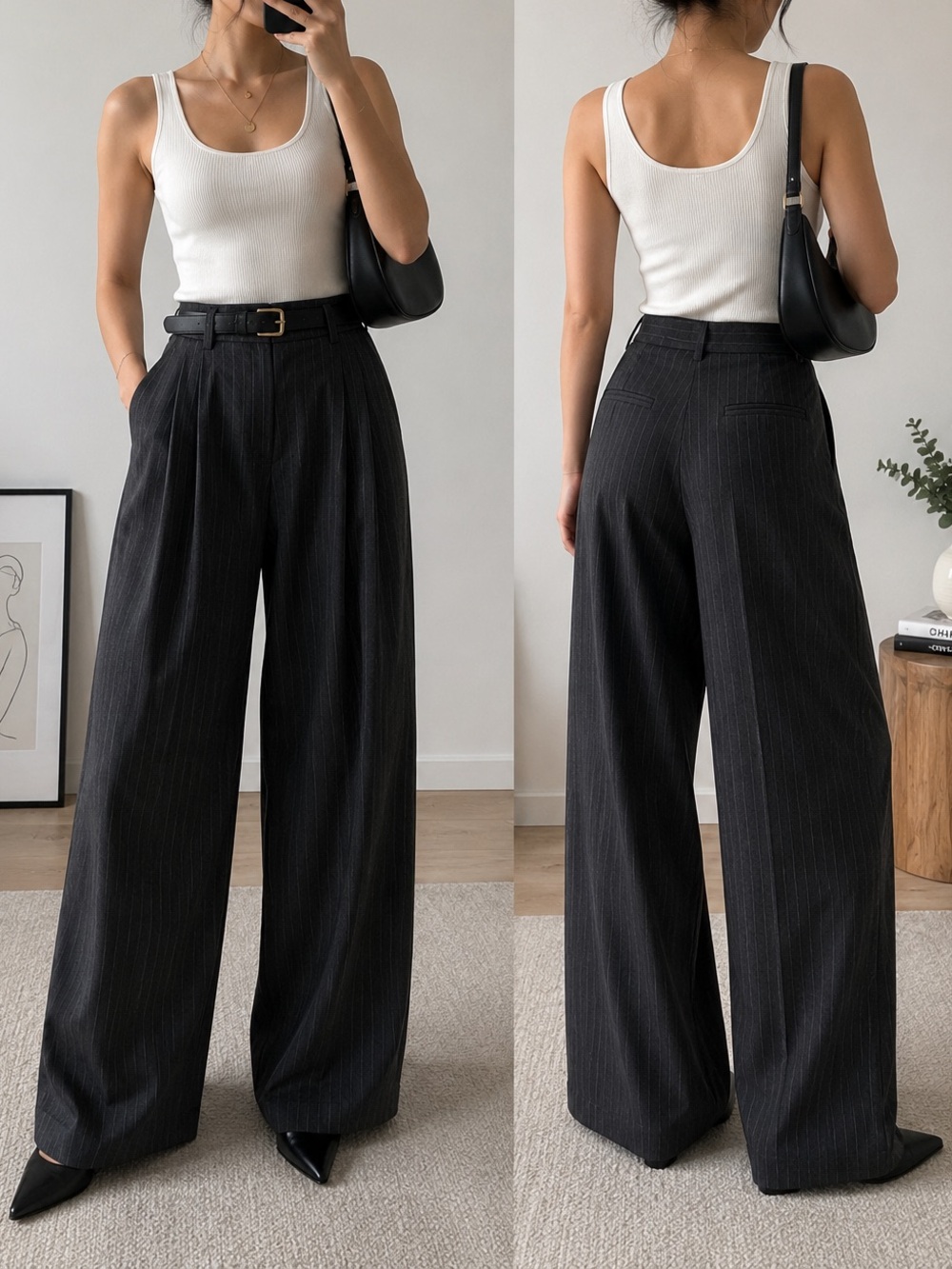Garage Black Pinstripe Wide-Leg Trousers